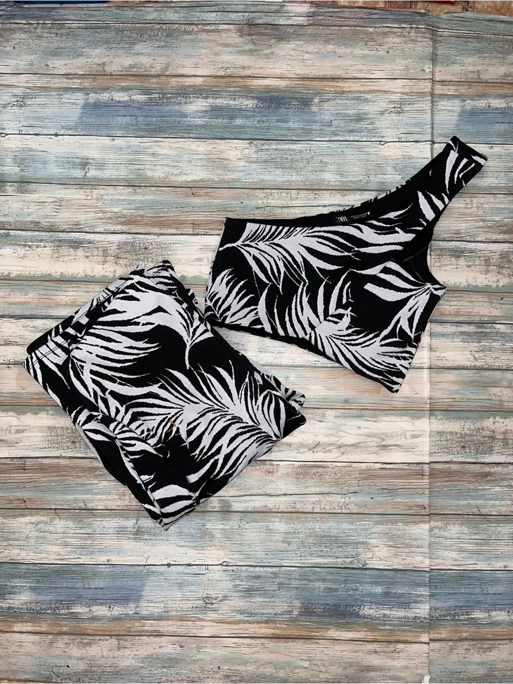 Zara Black White Tropical Palm Print Matching Set Crop Top Pants Small NWT - Picture 2 of 7